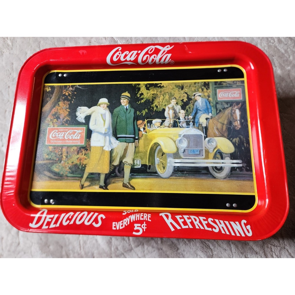 Coca-Cola Metal Serving Lap Tray 1987 Touring Car Vintage Red Soda Collectible